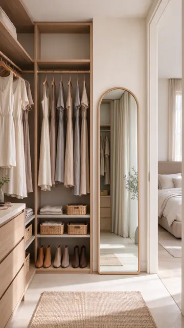 Bright neutral walk-in closet with linen dresses, ankle boots, woven baskets and an arched floor mirror