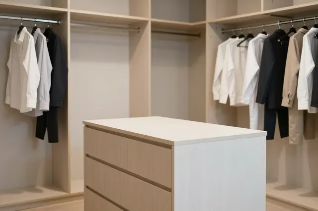 Light wood walk-in closet with a central island and plain neutral clothing on hanging rails