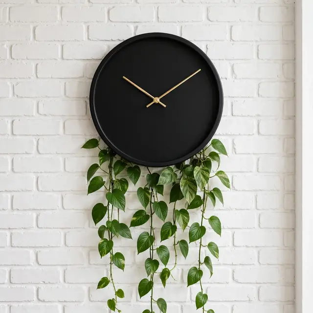 Round black numeral-free wall clock with gold hands mounted above trailing pothos on a white brick wall
