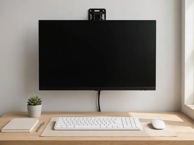A tidy wooden desk holds a blank wall-mounted monitor, white keyboard, mouse, notebook and small succulent plant.