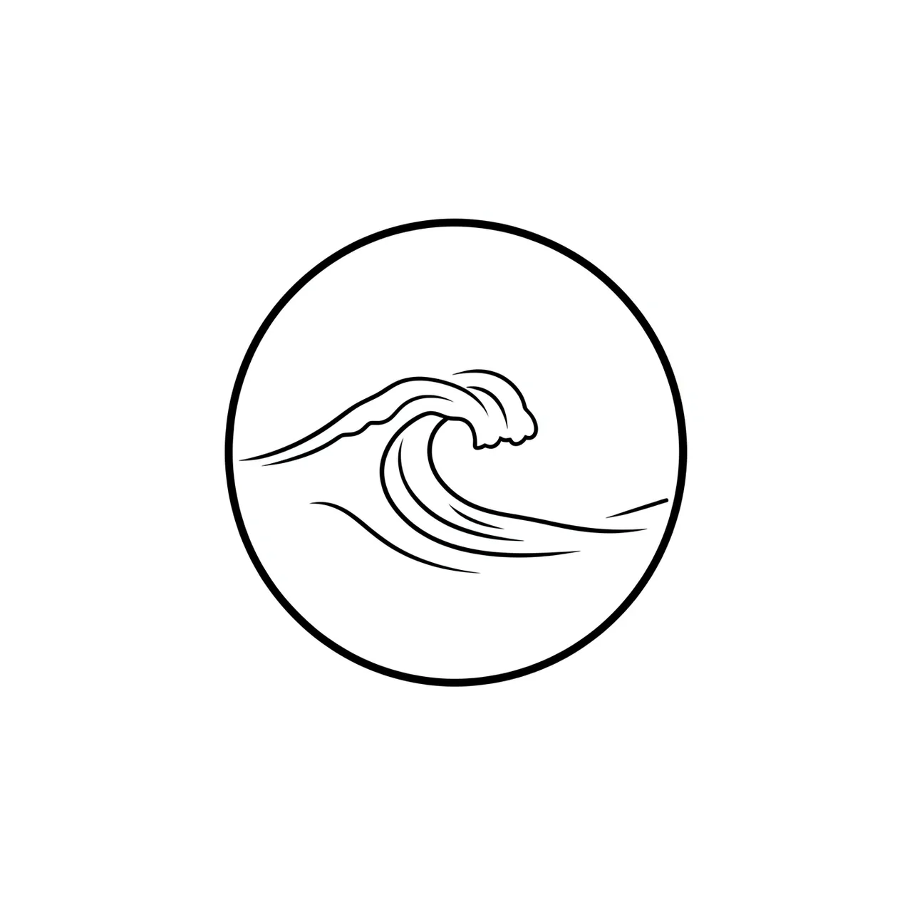 Clean black line art of a curling ocean wave contained inside a thin circular border on a plain white background