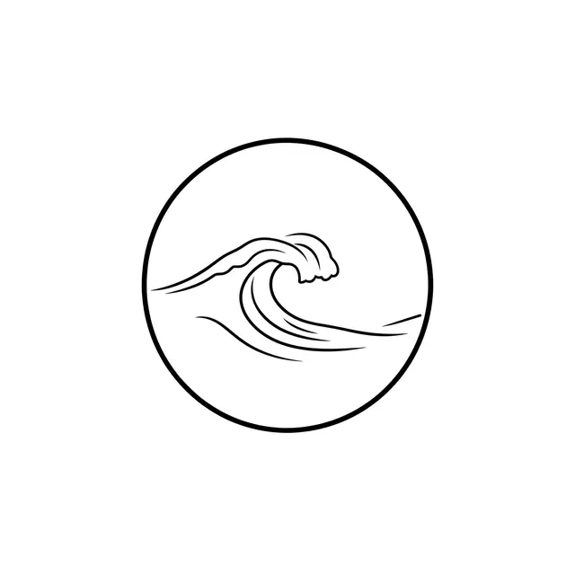 Clean black line art of a curling ocean wave contained inside a thin circular border on a plain white background