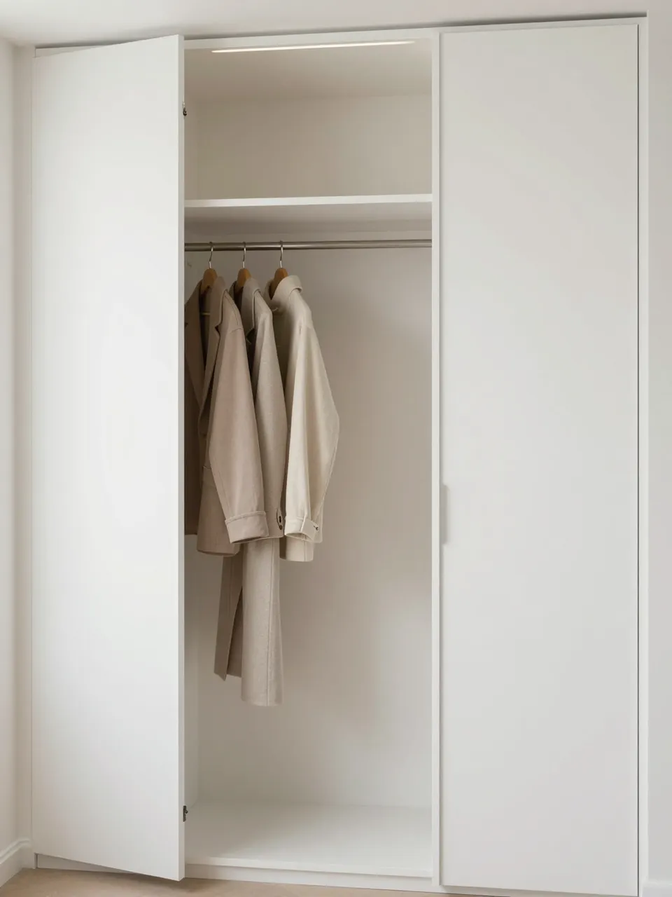 Open white flush cabinet closet with soft interior lighting and hanging neutral outerwear