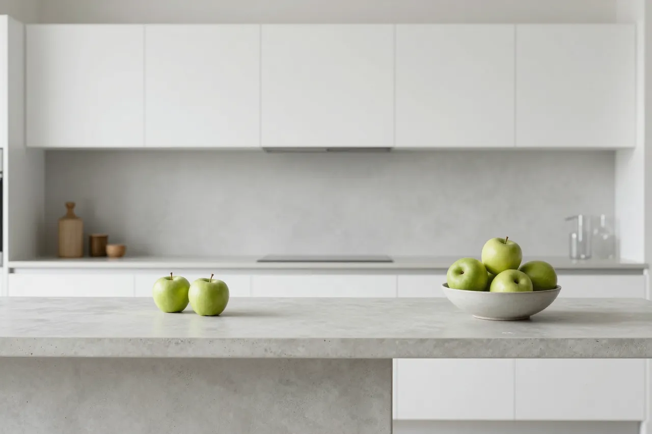 Pale concrete kitchen island holds green apples, including a bowl of fruit and two loose apples, in a handleless white