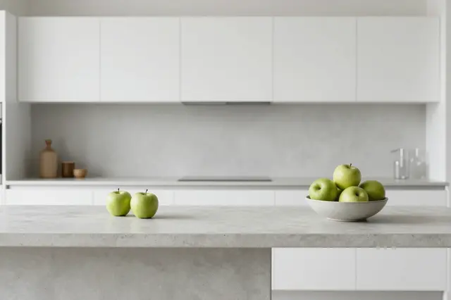 Pale concrete kitchen island holds green apples, including a bowl of fruit and two loose apples, in a handleless white