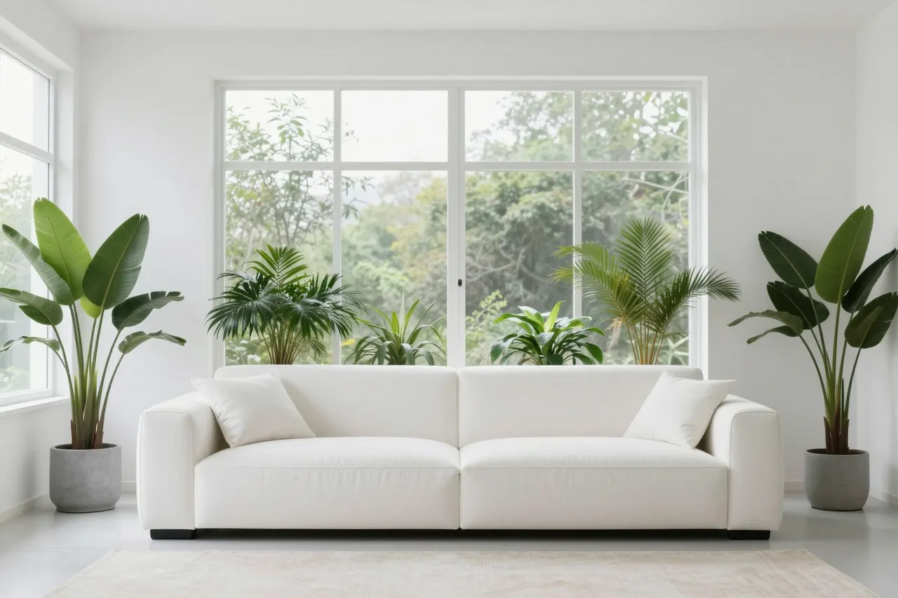 Bright minimalist white living room with a plush sofa, large windows and lush indoor green plants