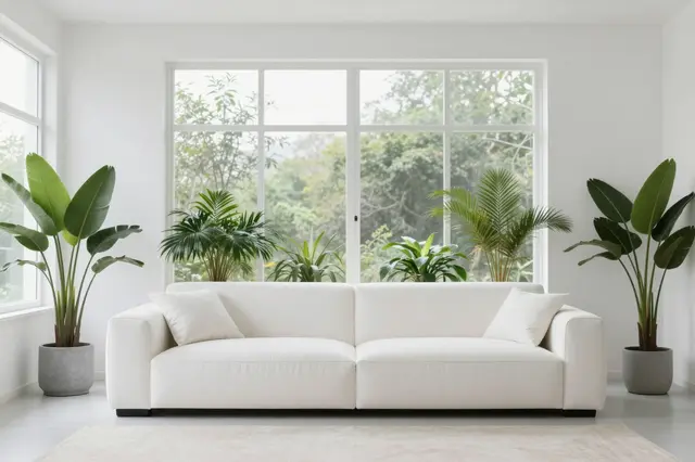Bright minimalist white living room with a plush sofa, large windows and lush indoor green plants