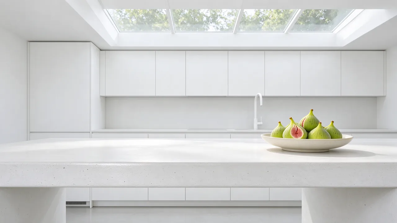 An all-white minimalist kitchen displays a bowl of fresh green figs on a microcement island under a long overhead skylight.