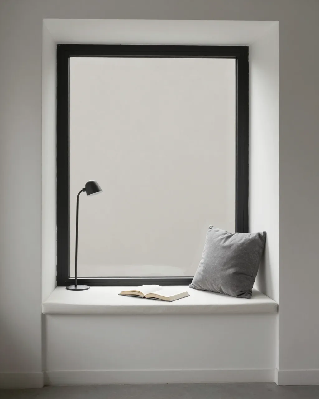 A built-in deep window seat holds an open book, slim black floor lamp, and gray cushion against a large black framed window.