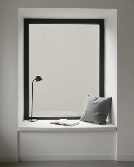 A built-in deep window seat holds an open book, slim black floor lamp, and gray cushion against a large black framed window.