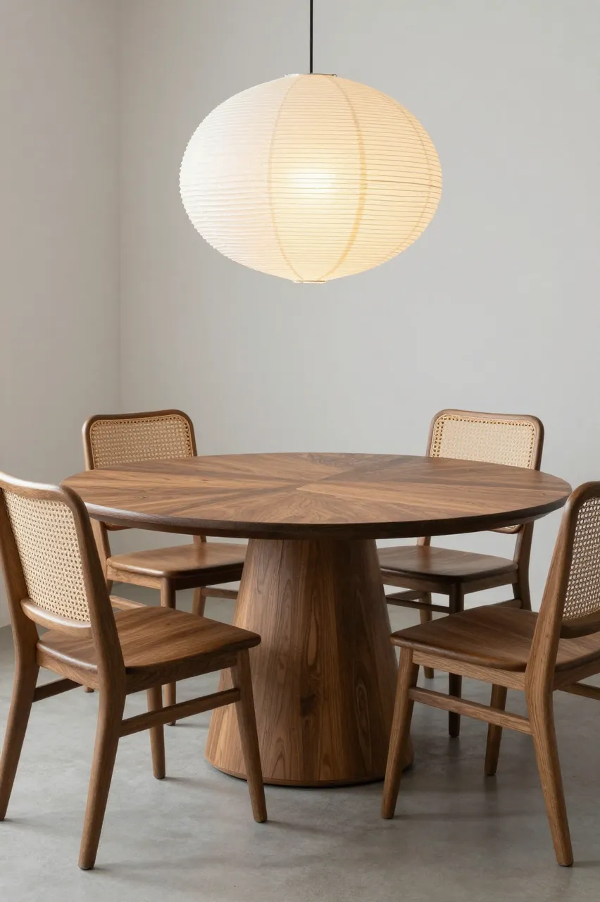 Round dark oak pedestal dining table with cane back chairs and a large paper pendant light in a plain neutral room