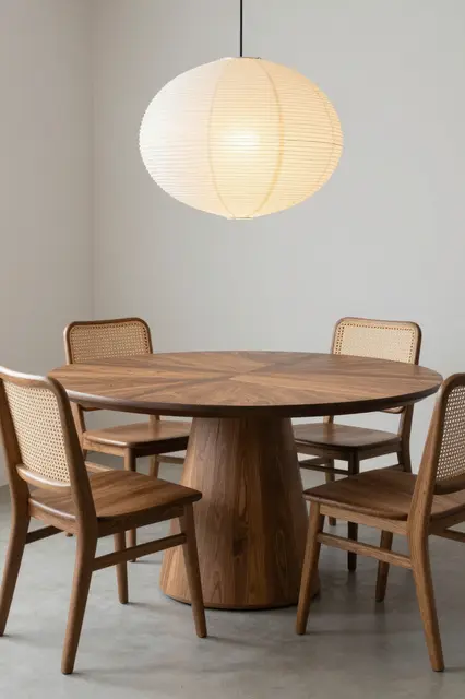 Round dark oak pedestal dining table with cane back chairs and a large paper pendant light in a plain neutral room