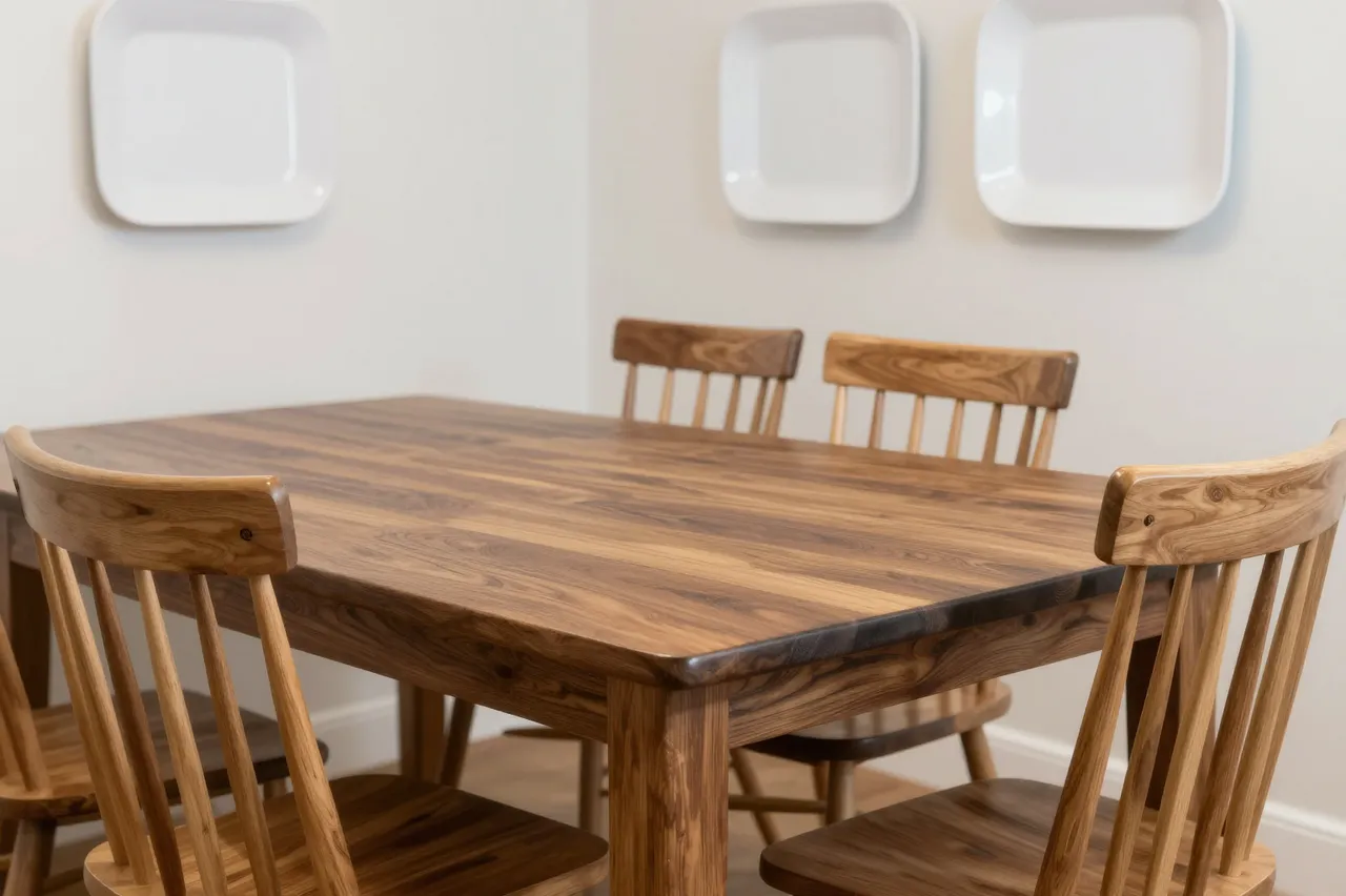 Dark stained oak dining table with spindle chairs and white wall-mounted platters in a bright dining corner