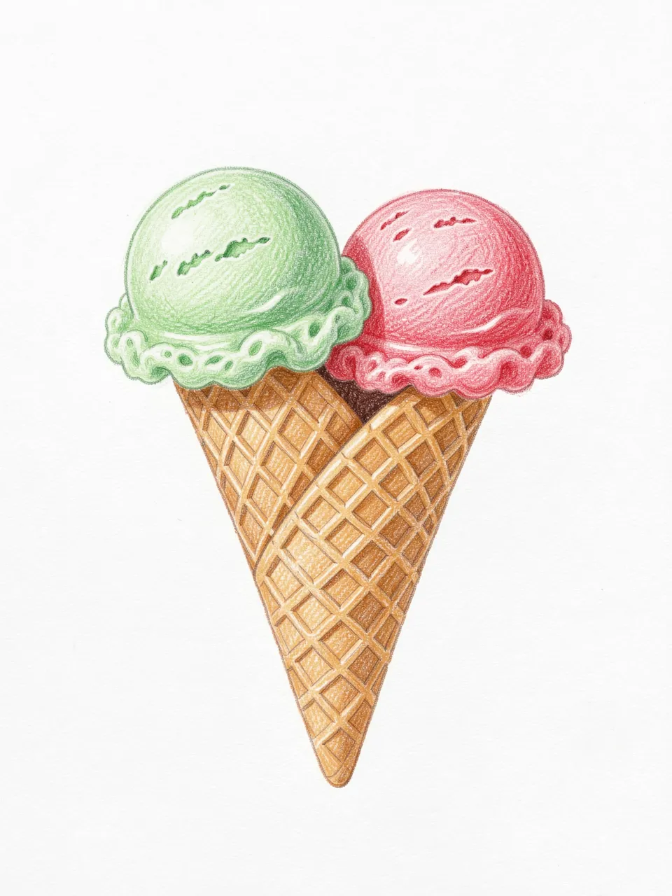 Colored pencil drawing of overlapping mint and strawberry ice cream scoops in waffle cones on white paper