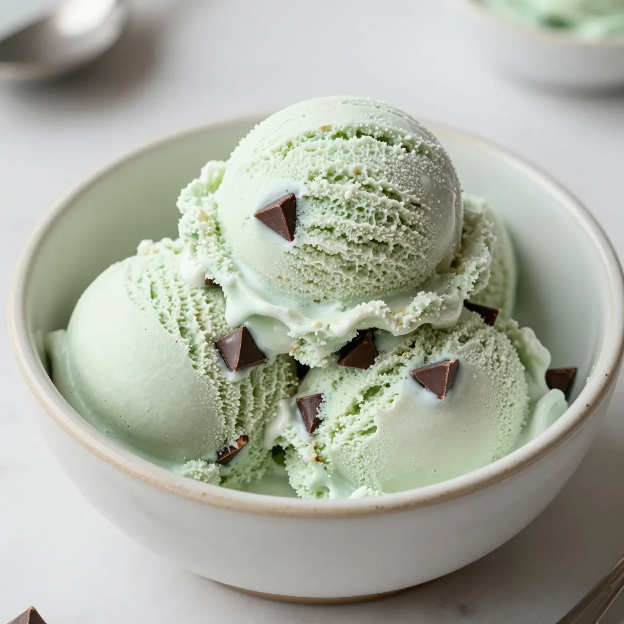 A ceramic bowl holds scoops of mint chocolate chip ice cream topped with chocolate chunks on a light countertop.