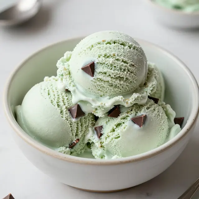 A ceramic bowl holds scoops of mint chocolate chip ice cream topped with chocolate chunks on a light countertop.