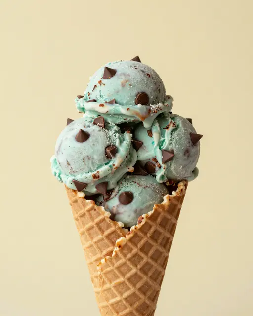 Stacked mint chocolate chip ice cream scoops in a waffle cone against a pastel yellow background