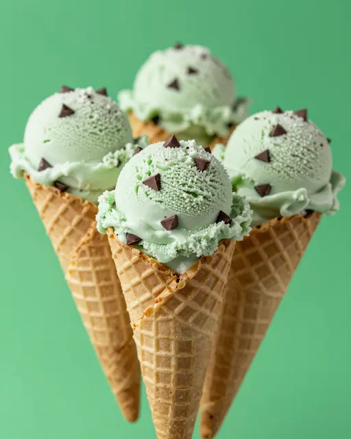 Four mint chocolate chip ice cream waffle cones sit against a solid bright green background