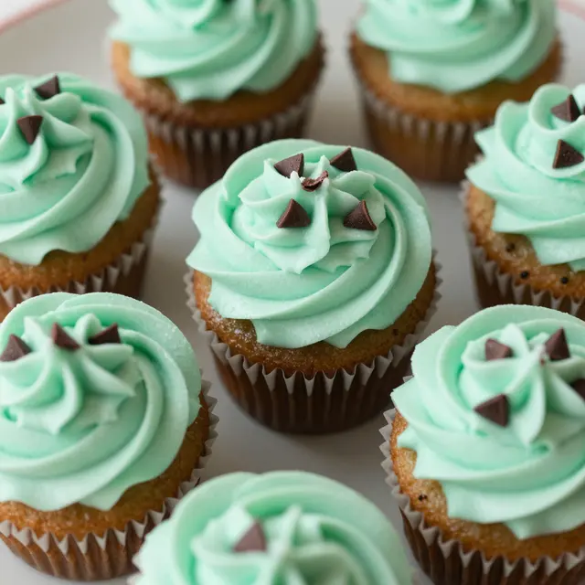 Top down view of frosted cupcakes with pale mint green frosting and chocolate chip toppings on a light plate