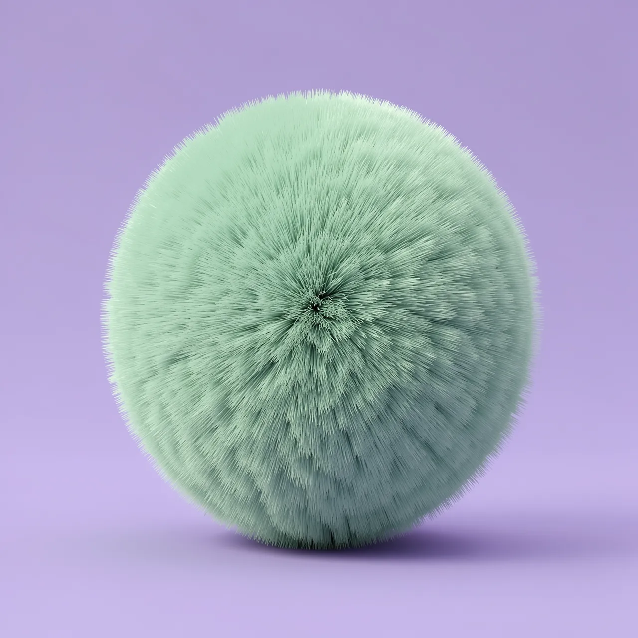 A fluffy mint green fuzzy pom-pom sphere sits against a soft lilac background