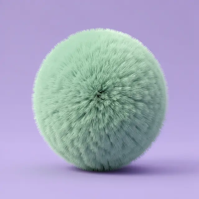 A fluffy mint green fuzzy pom-pom sphere sits against a soft lilac background