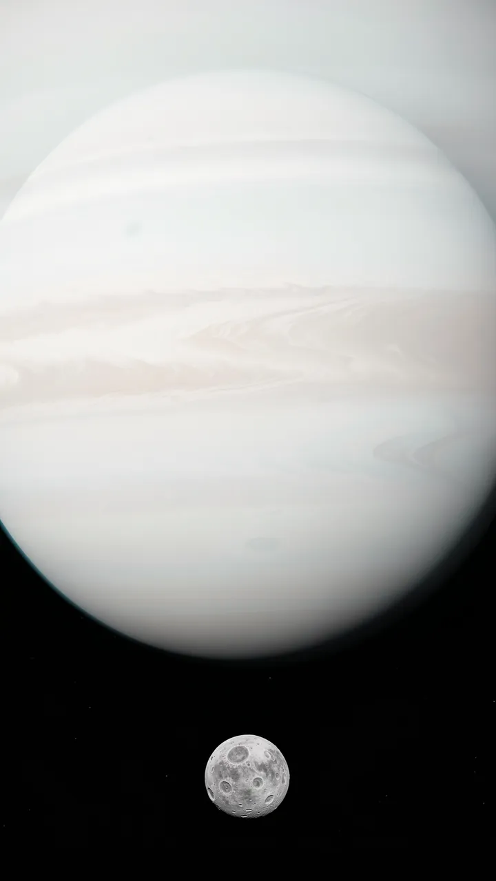 A banded pale mint and white gas giant sits above a tiny cratered moon in dark starry space