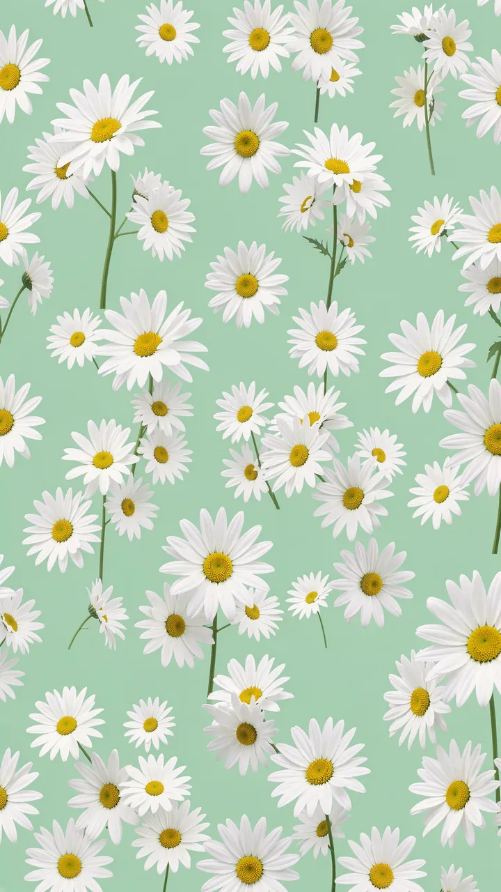 Seamless repeating pattern of white daisies scattered across a soft mint green background