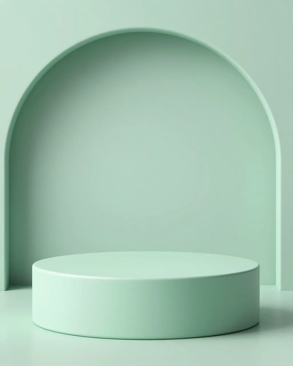 A smooth mint green cylindrical display podium sits in front of a matching arched mint studio backdrop with soft shadows.