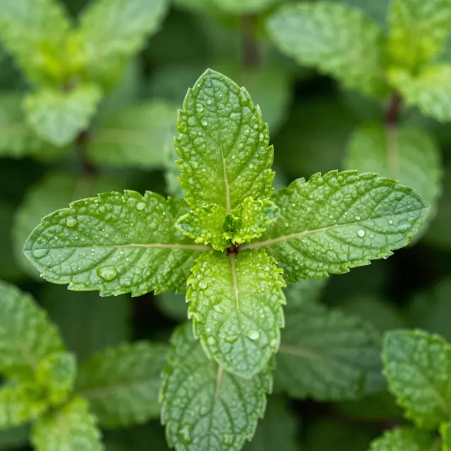 Close-up top view of fresh mint leaves dotted with clear water droplets, with blurred foliage in the background