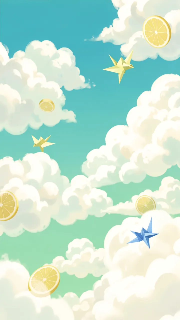 Fluffy white clouds, floating lemon slices and origami birds fill a gradient mint to turquoise vertical sky