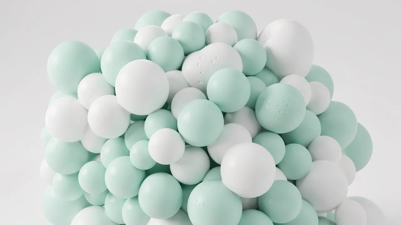 A dense clustered grouping of soft foam-like spheres in pale mint and white against a light gray background
