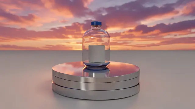 A reflective metallic circular podium holds a glass bottle against a vibrant sunset sky backdrop