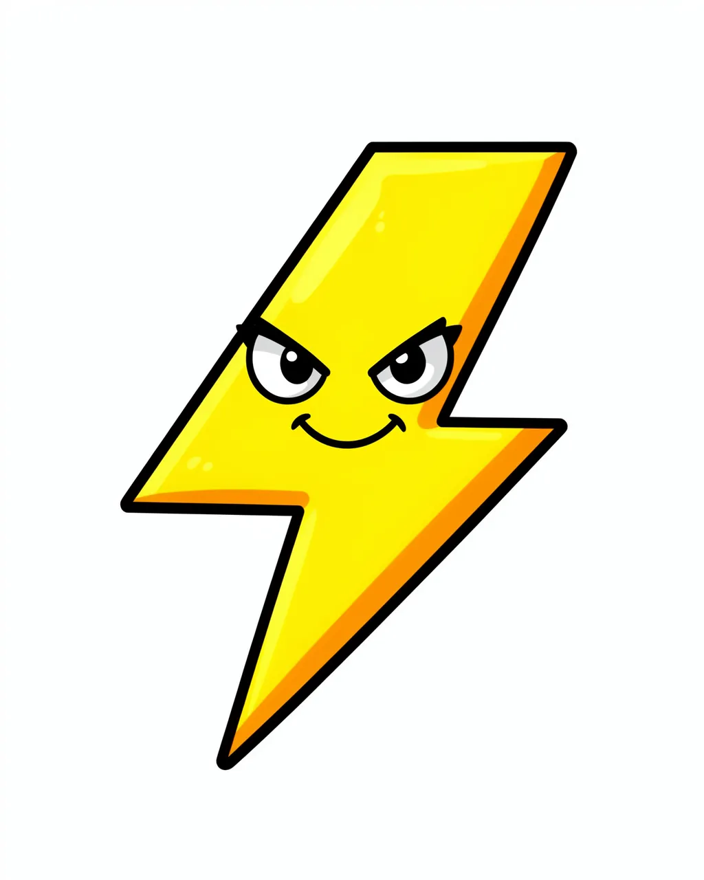 A glossy yellow cartoon lightning bolt with a mischievous grin is isolated on a plain white background