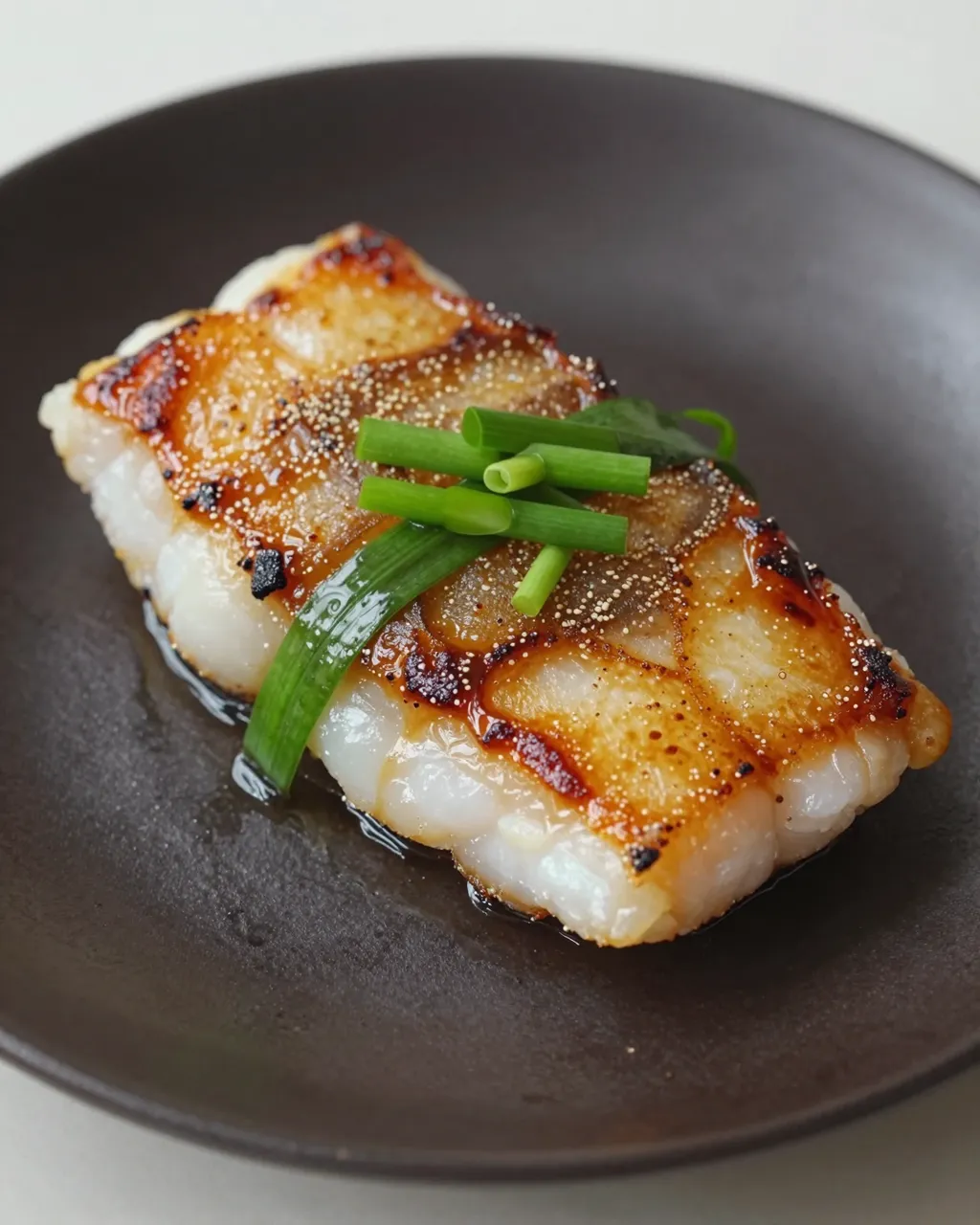 Glazed caramelized black cod fillet garnished with scallions rests on a dark matte plate
