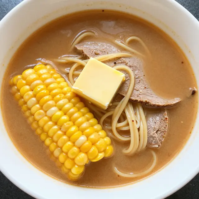 Top-down view of a bowl of creamy miso ramen topped with corn, butter, and meat slices