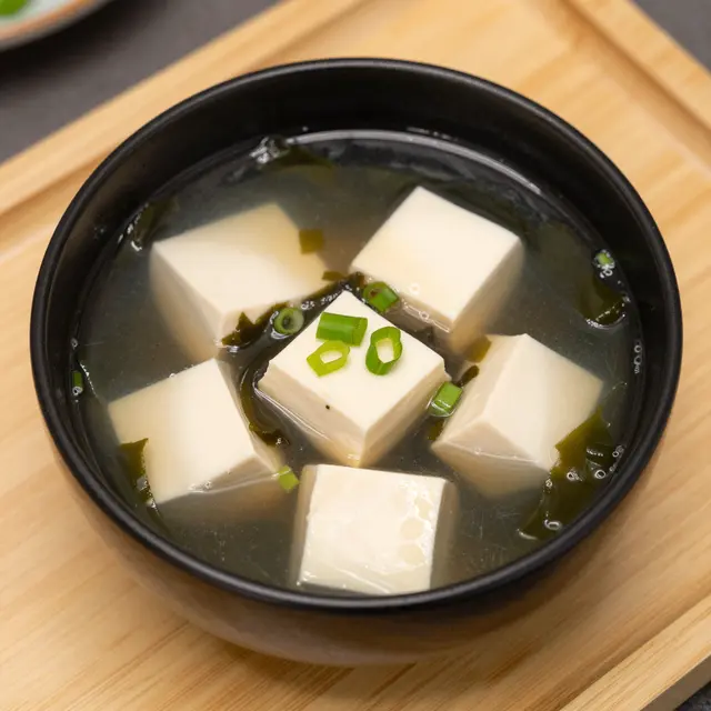 Overhead view of miso soup with silken tofu, wakame and scallions in a black bowl on a light wood tray.