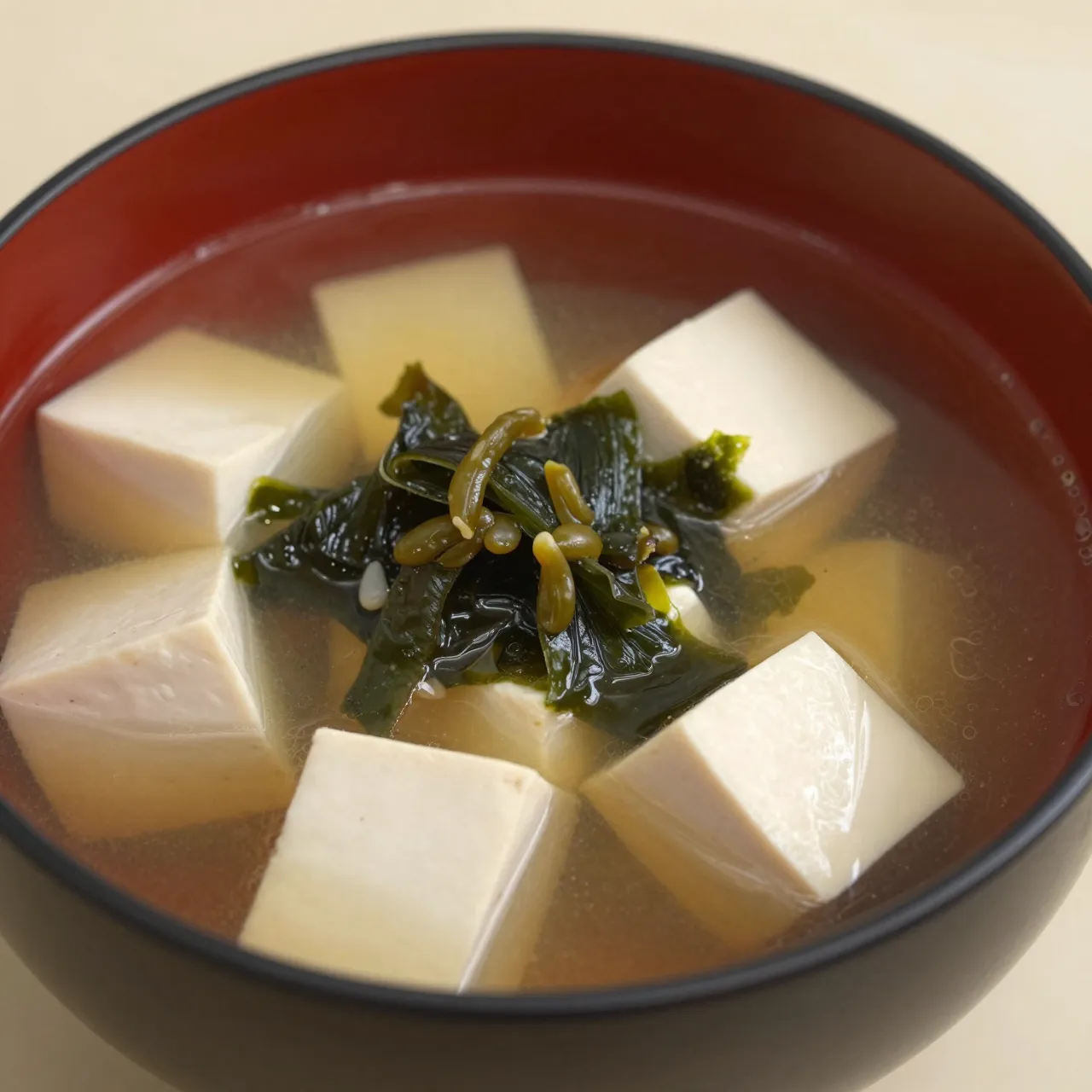Close up of miso soup with tofu cubes and seaweed served in a red and black lacquer bowl