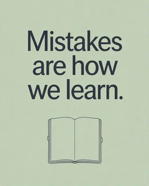 The quote "Mistakes are how we learn." above a simple line drawing of an open blank notebook on a soft sage background