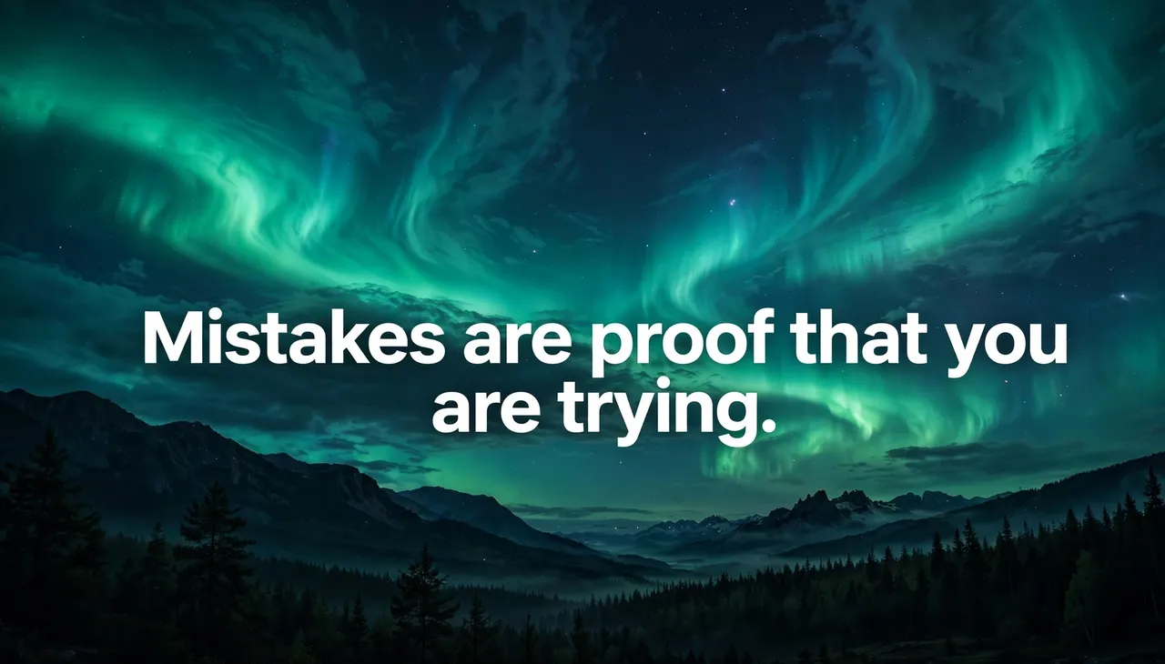 Bold white quote text over a dark mountain landscape with swirling green and teal aurora borealis in the night sky