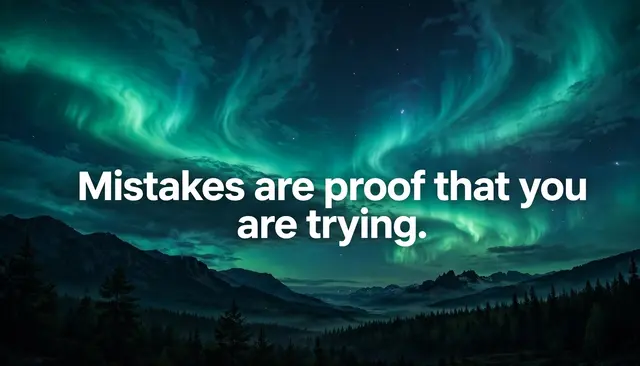 Bold white quote text over a dark mountain landscape with swirling green and teal aurora borealis in the night sky