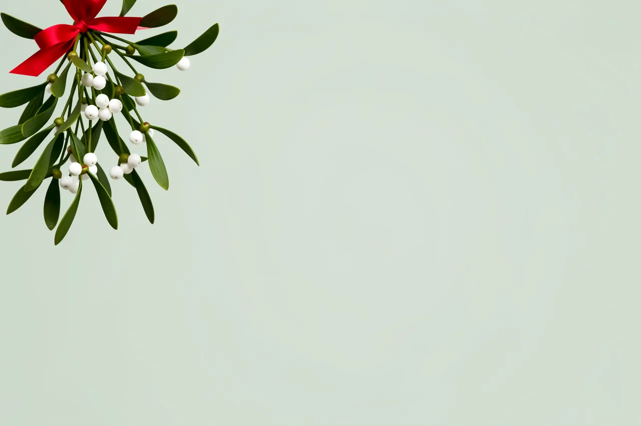 A mistletoe sprig tied with a red ribbon hangs in the top left corner of a pale sage empty background