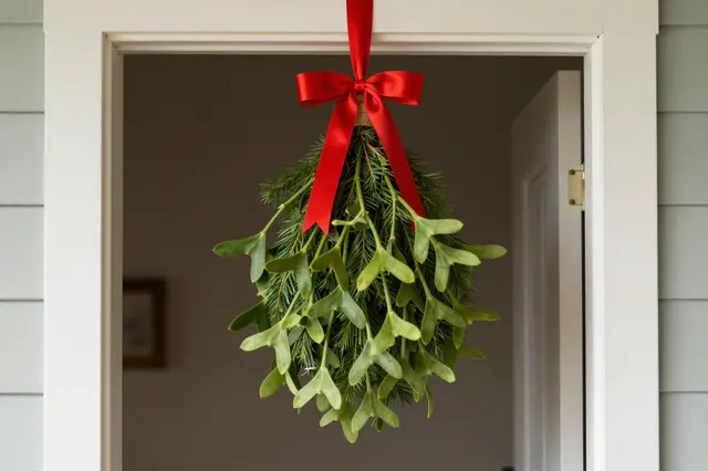 A mistletoe bundle tied with a bright red satin bow hangs centered in a white interior doorway.