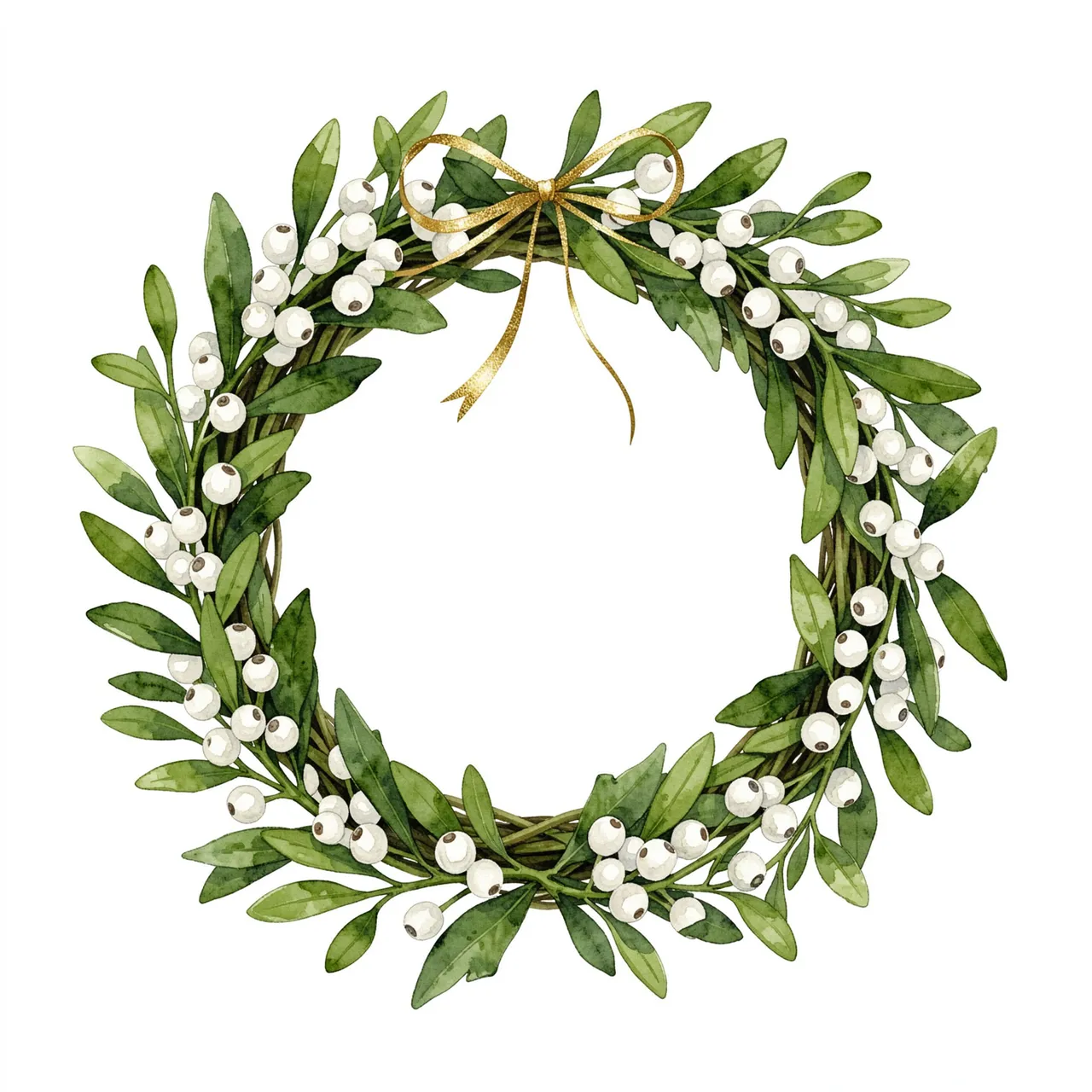 Watercolor illustration of a circular mistletoe wreath with white berries and a thin gold bow, set against a plain white