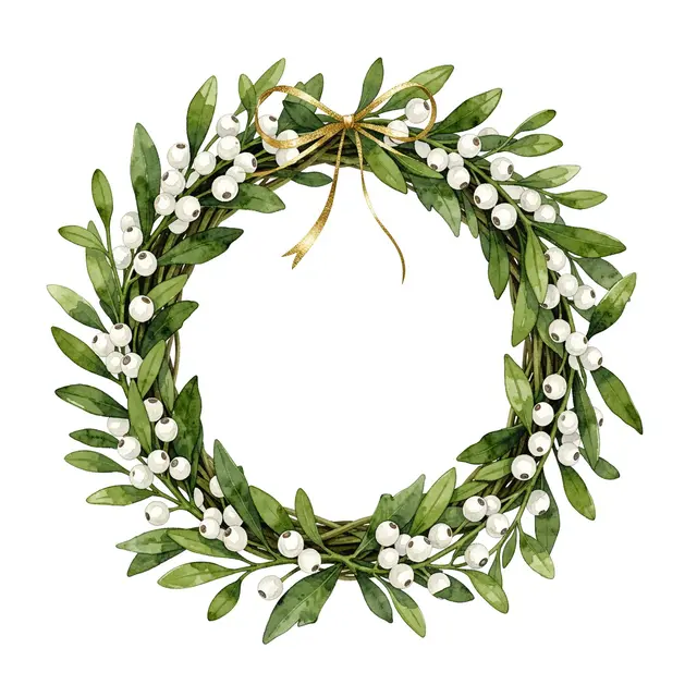 Watercolor illustration of a circular mistletoe wreath with white berries and a thin gold bow, set against a plain white