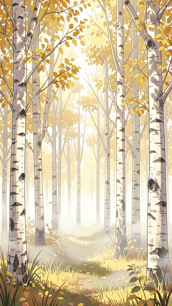 Vertical anime illustration of a misty early autumn birch grove with golden yellow leaves