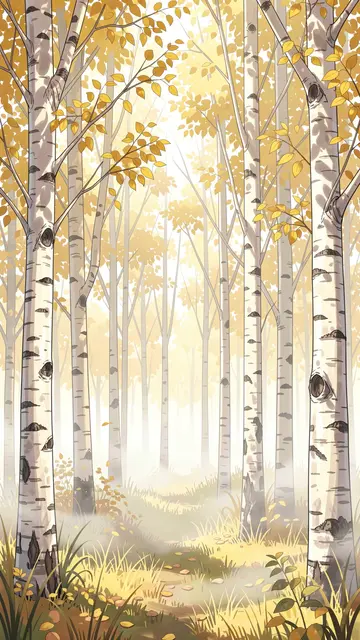 Vertical anime illustration of a misty early autumn birch grove with golden yellow leaves