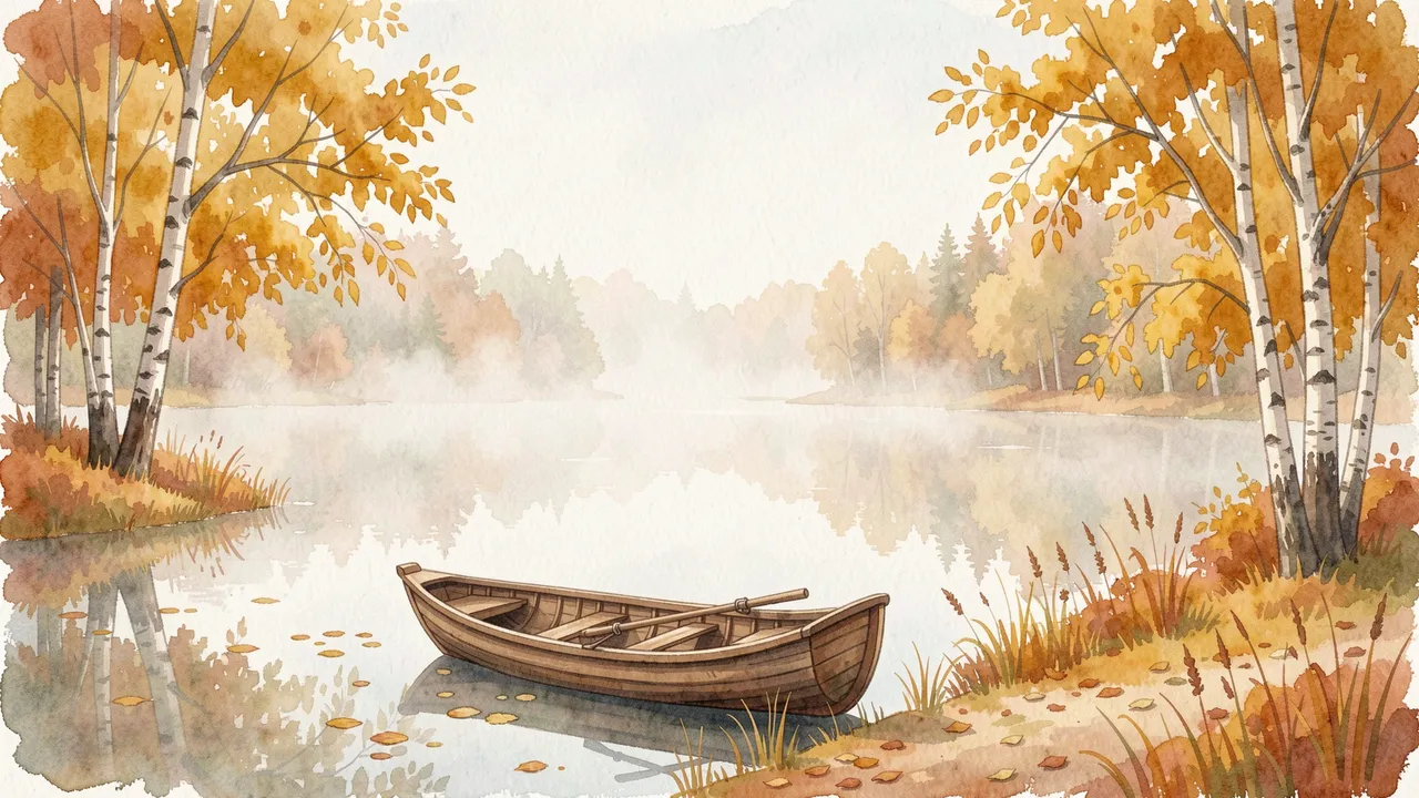 Watercolor illustration of a wooden rowboat resting on a misty autumn lake between golden birch shorelines