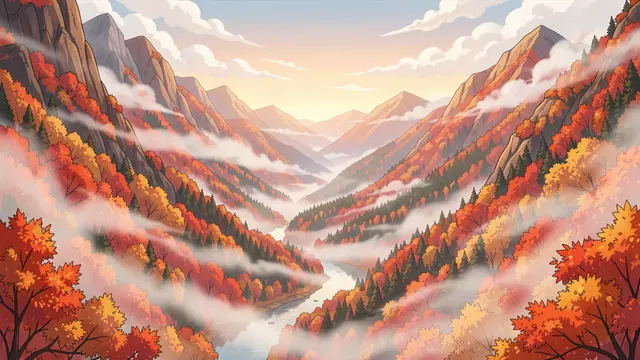 Anime-style illustration of a winding river cutting through a misty mountain valley filled with vibrant fall foliage at