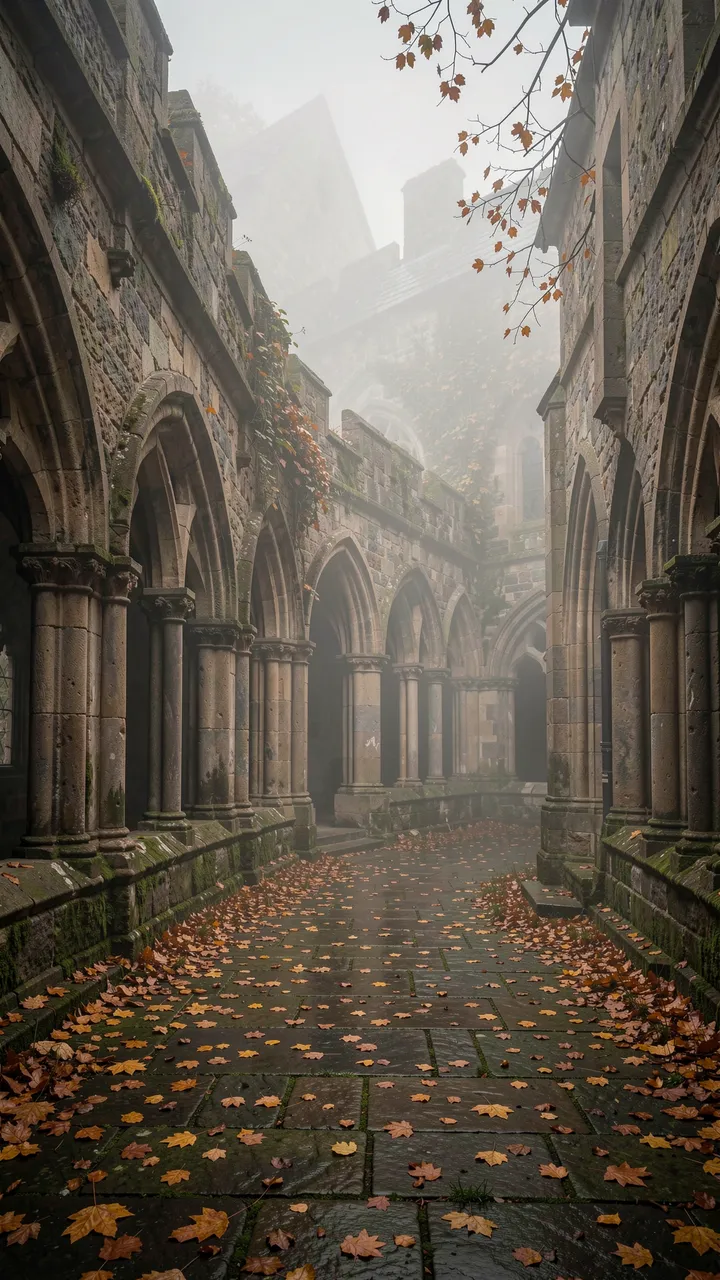 Fog-shrouded gothic stone cloister arcade with fallen autumn leaves covering wet paving stones