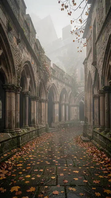Fog-shrouded gothic stone cloister arcade with fallen autumn leaves covering wet paving stones